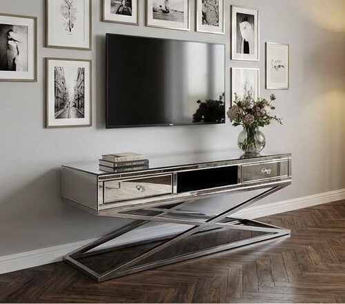 Komoda RTV Glamour 140 cm – lustro & stal nierdzewna